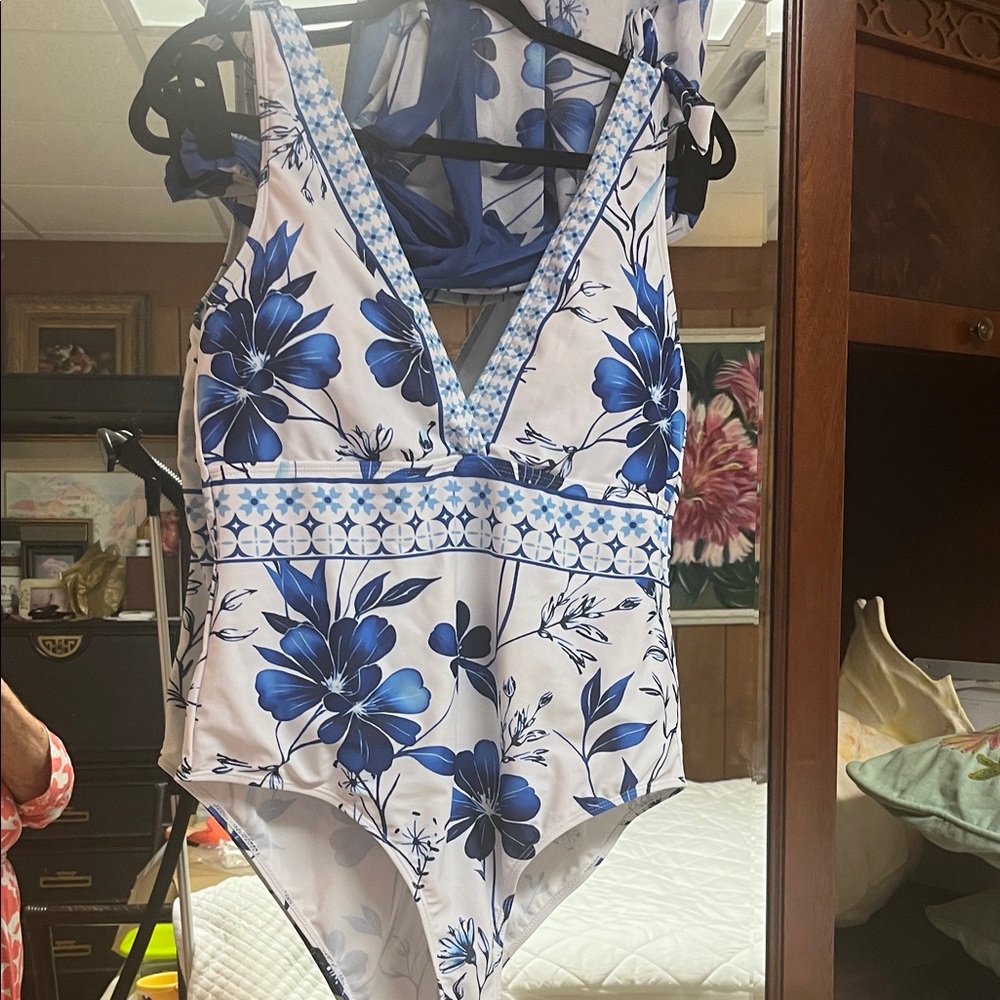 2 pc Floral Blue and White One-Piece Swimsuit with matching sarong